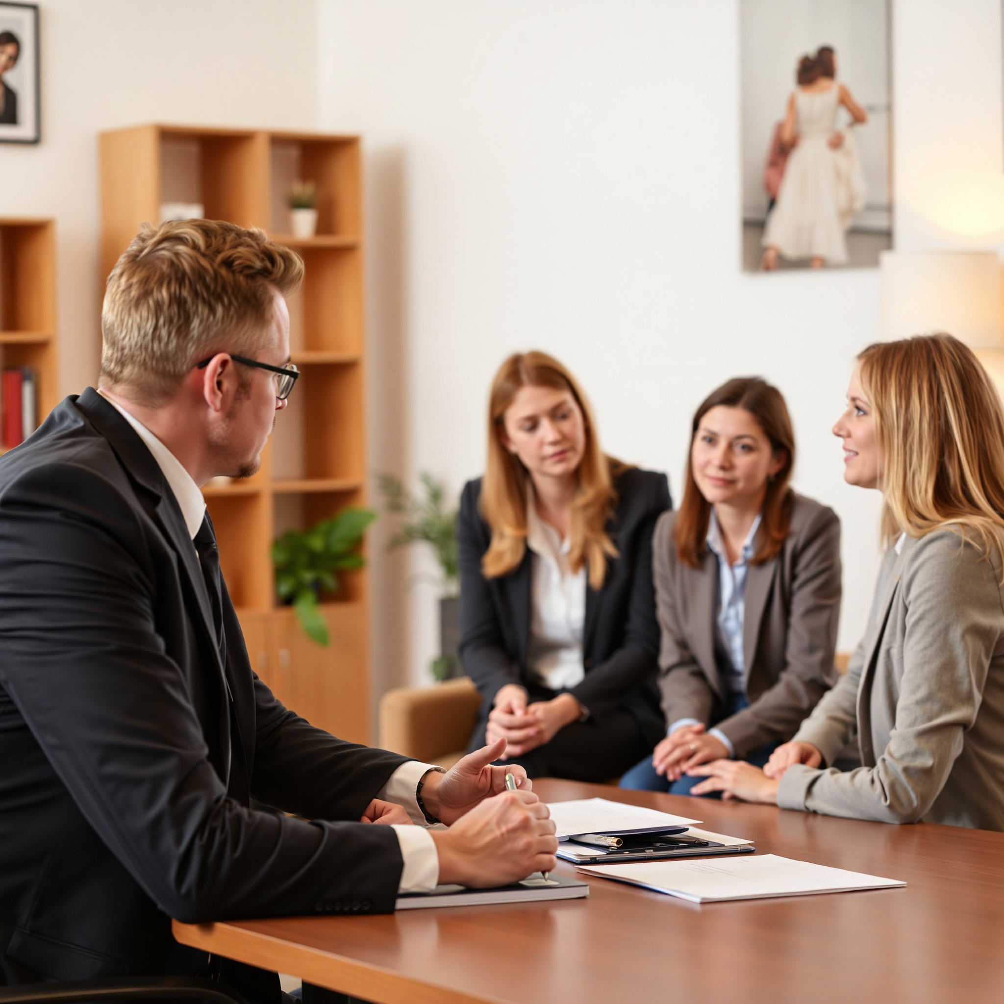 Family law attorney consulting with parents about custody arrangements