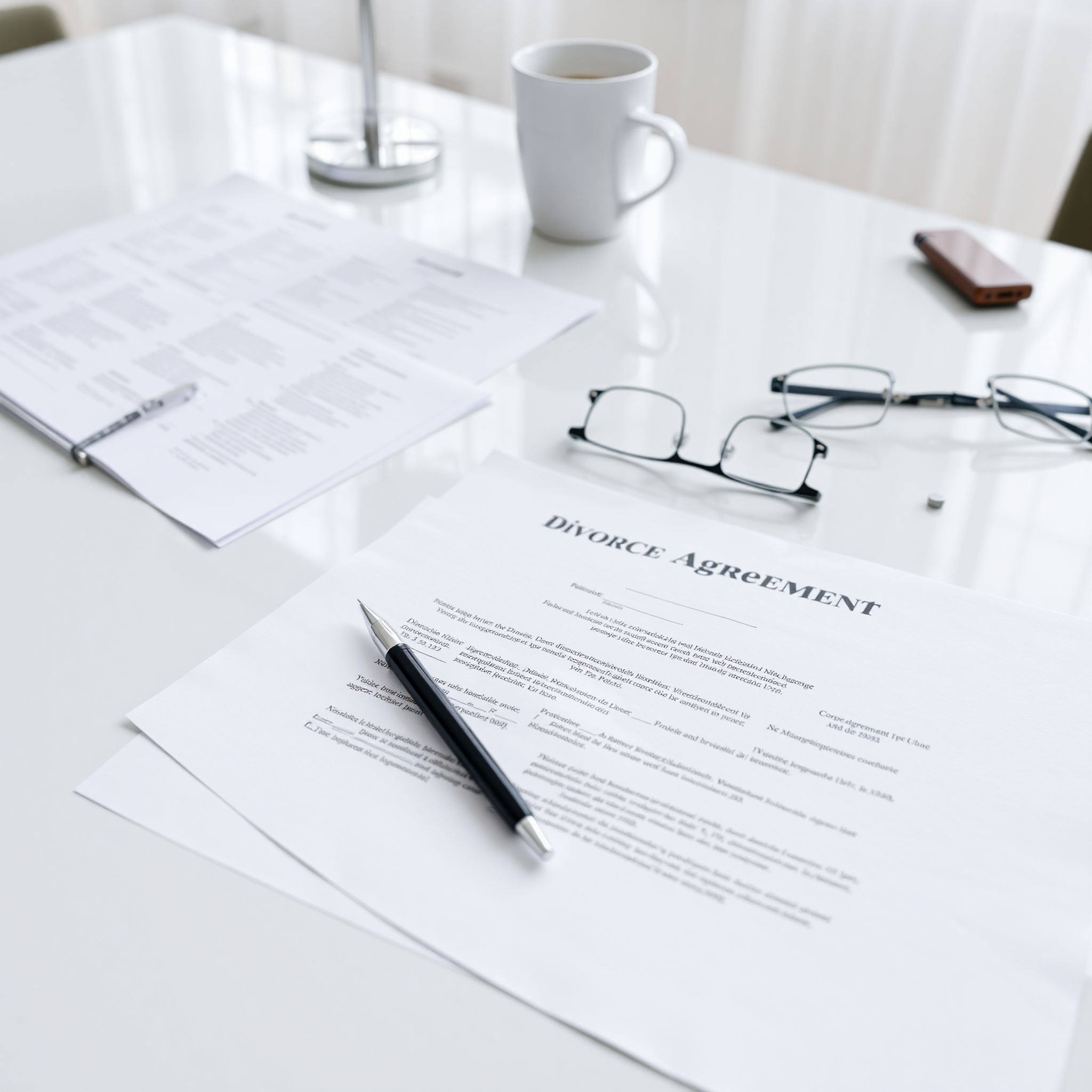 Professional image of divorce agreement document with legal pen on office desk