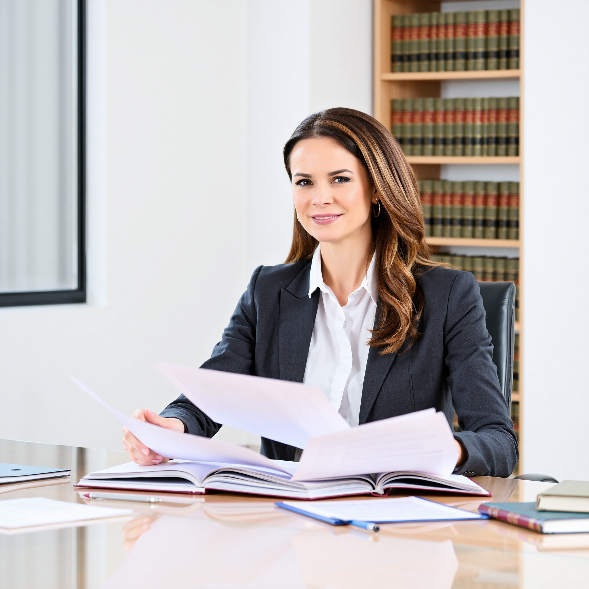 Professional family law attorney in modern office environment reviewing case documents with clients