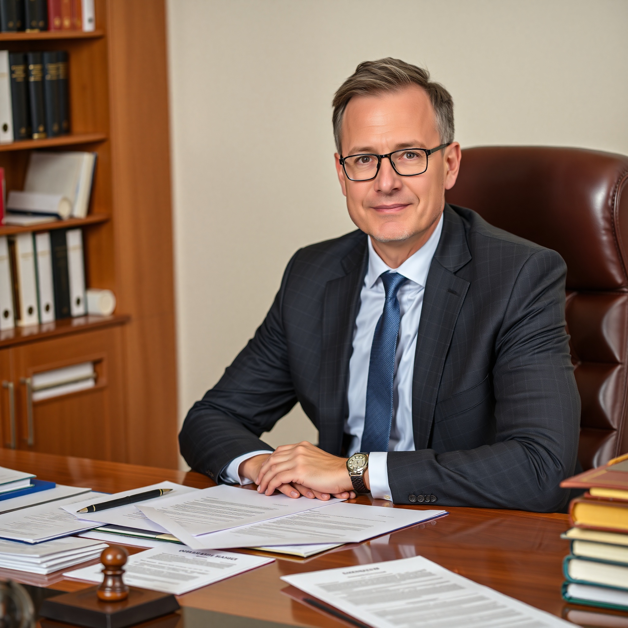 Professional photo of family lawyer in office discussing divorce process with documents on desk
