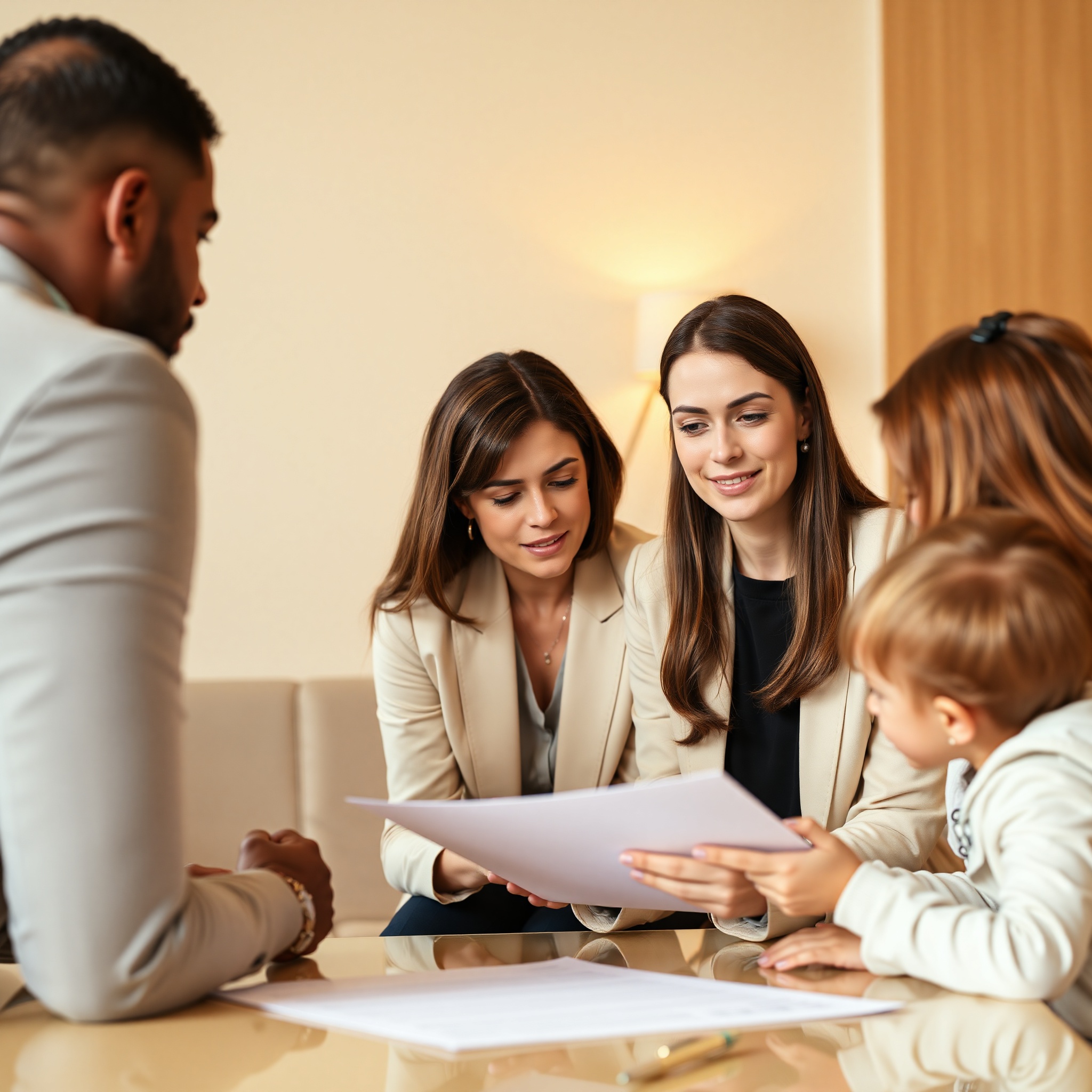 Family lawyer explaining guardianship and adoption procedures with adoptive parents in consultation
