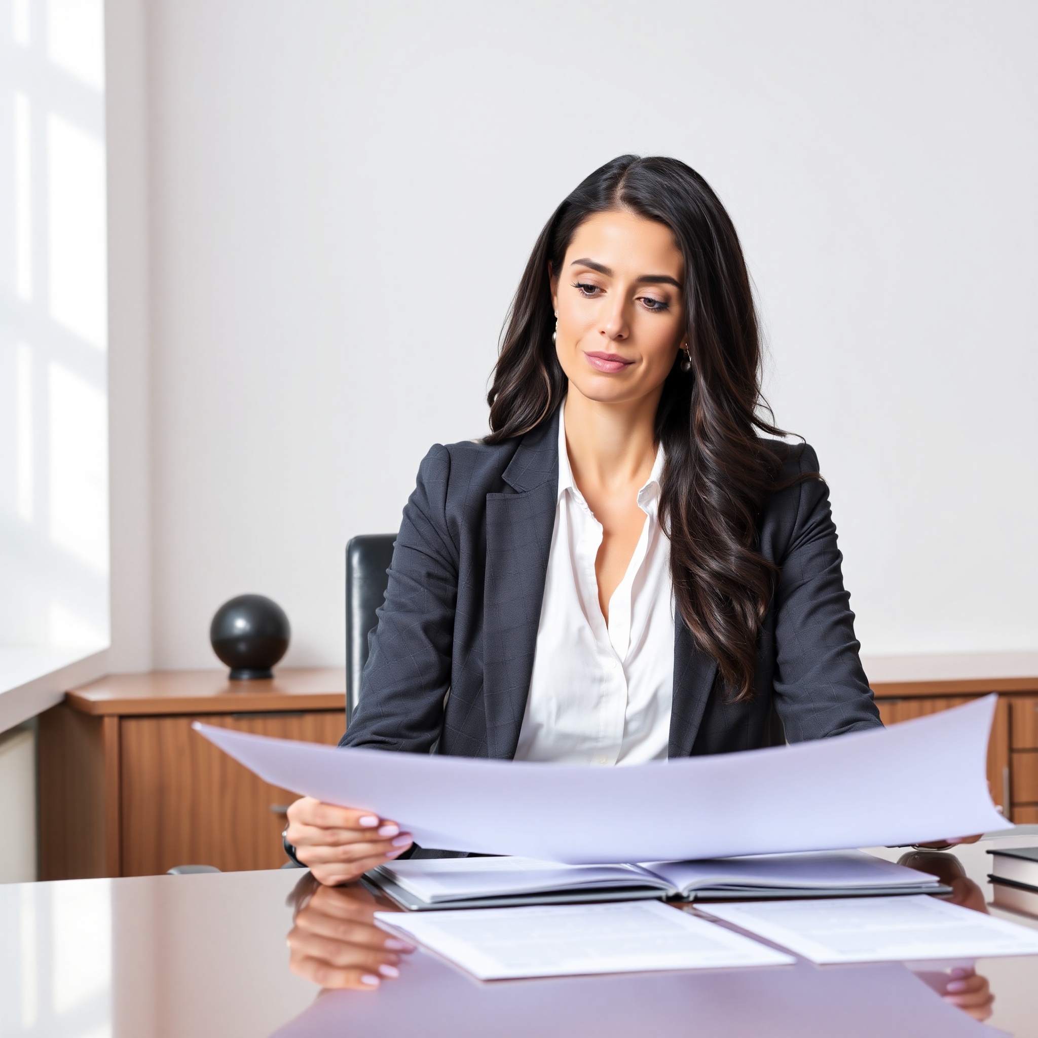 Attorney reviewing legal documents at professional office desk