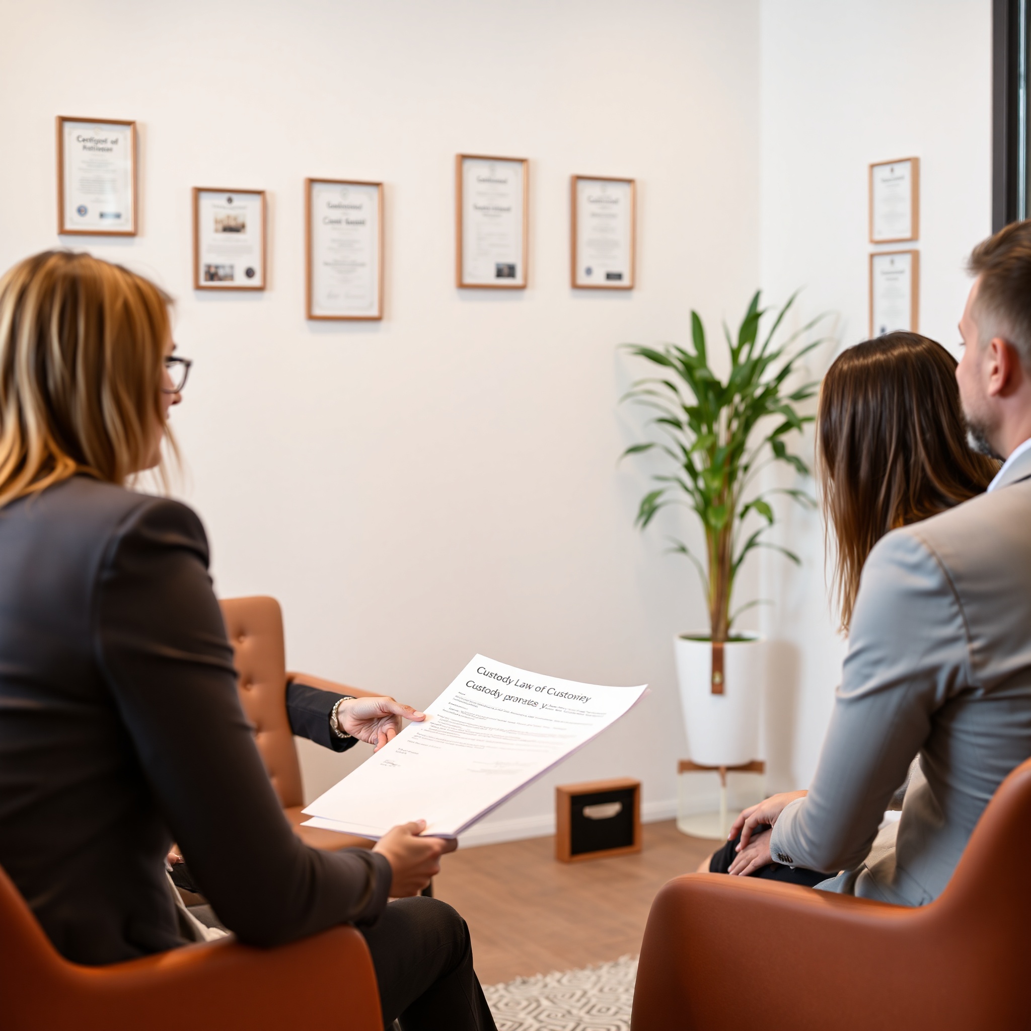 Female family law attorney discussing child custody agreement with clients in consultation room
