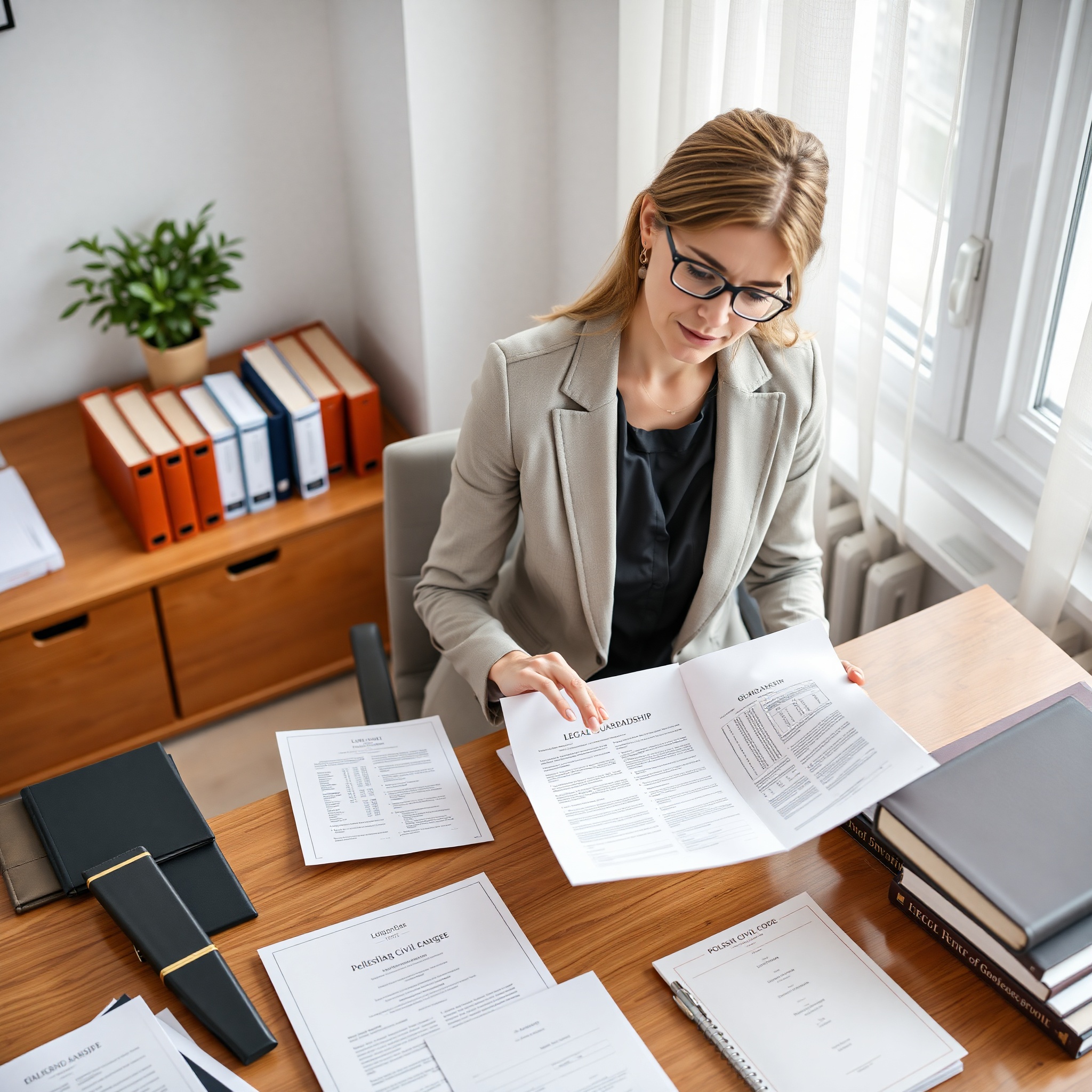 Professional photo of family lawyer reviewing guardianship documents at wooden desk with Polish legal codes and case files