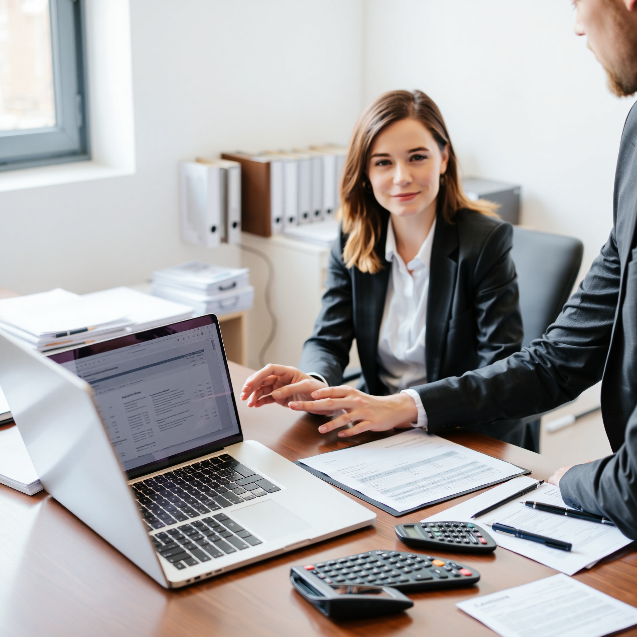 Financial consultant reviewing alimony calculations with detailed spreadsheet on computer monitor