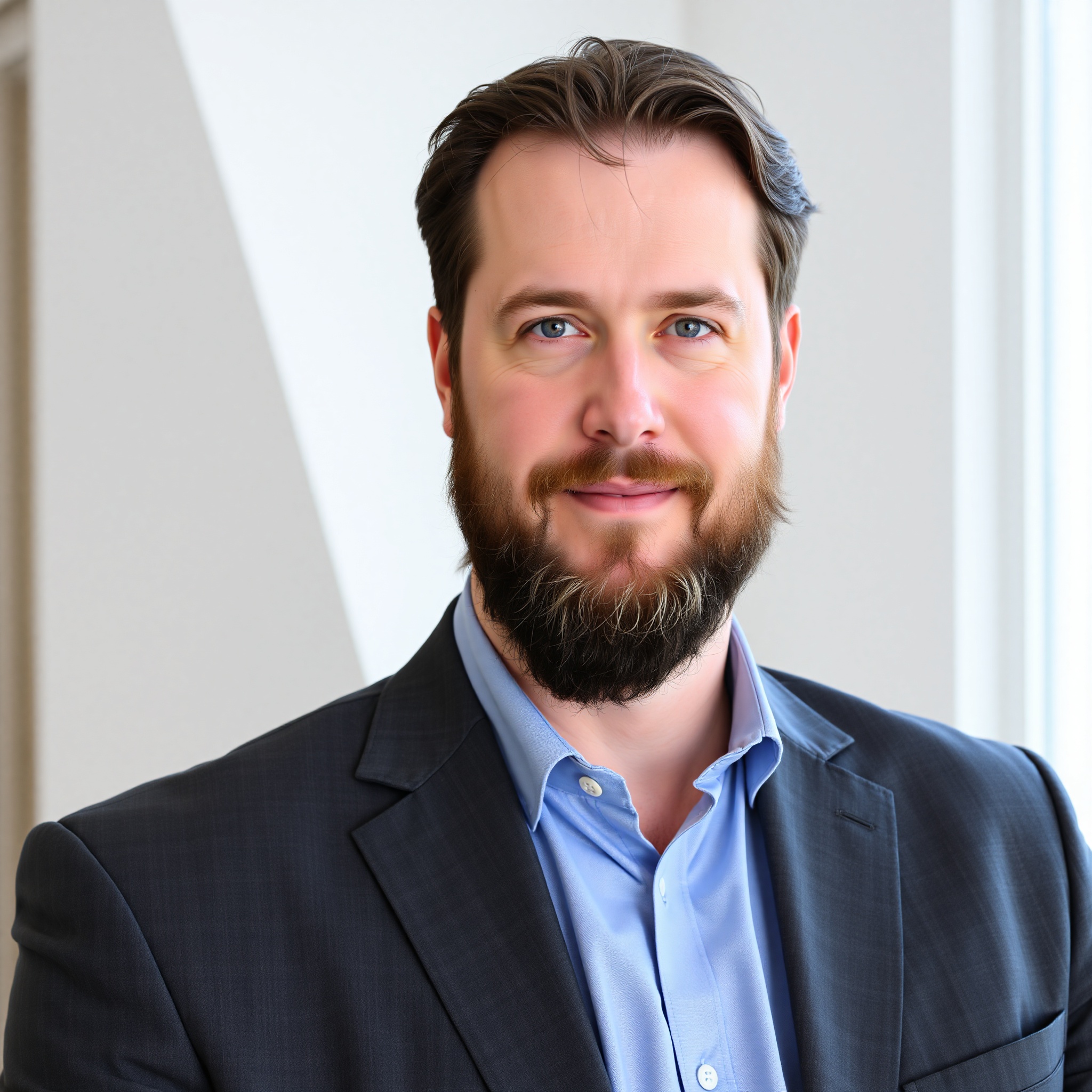 Professional photo of Robert, 38 years old, with dark hair and beard, confident expression, wearing charcoal gray suit