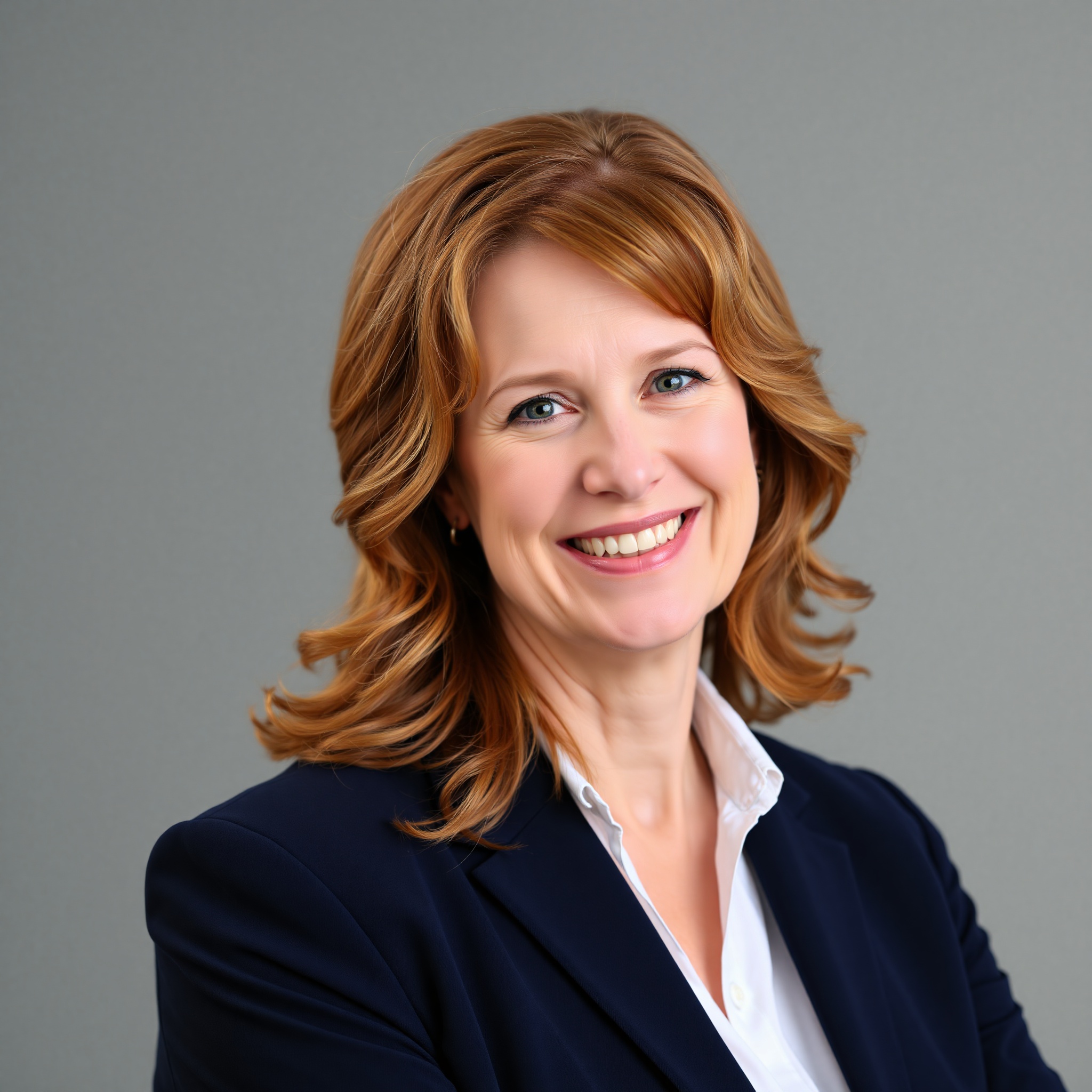 Professional headshot of Maria, 42 years old, with shoulder-length auburn hair, warm smile, wearing navy business blazer