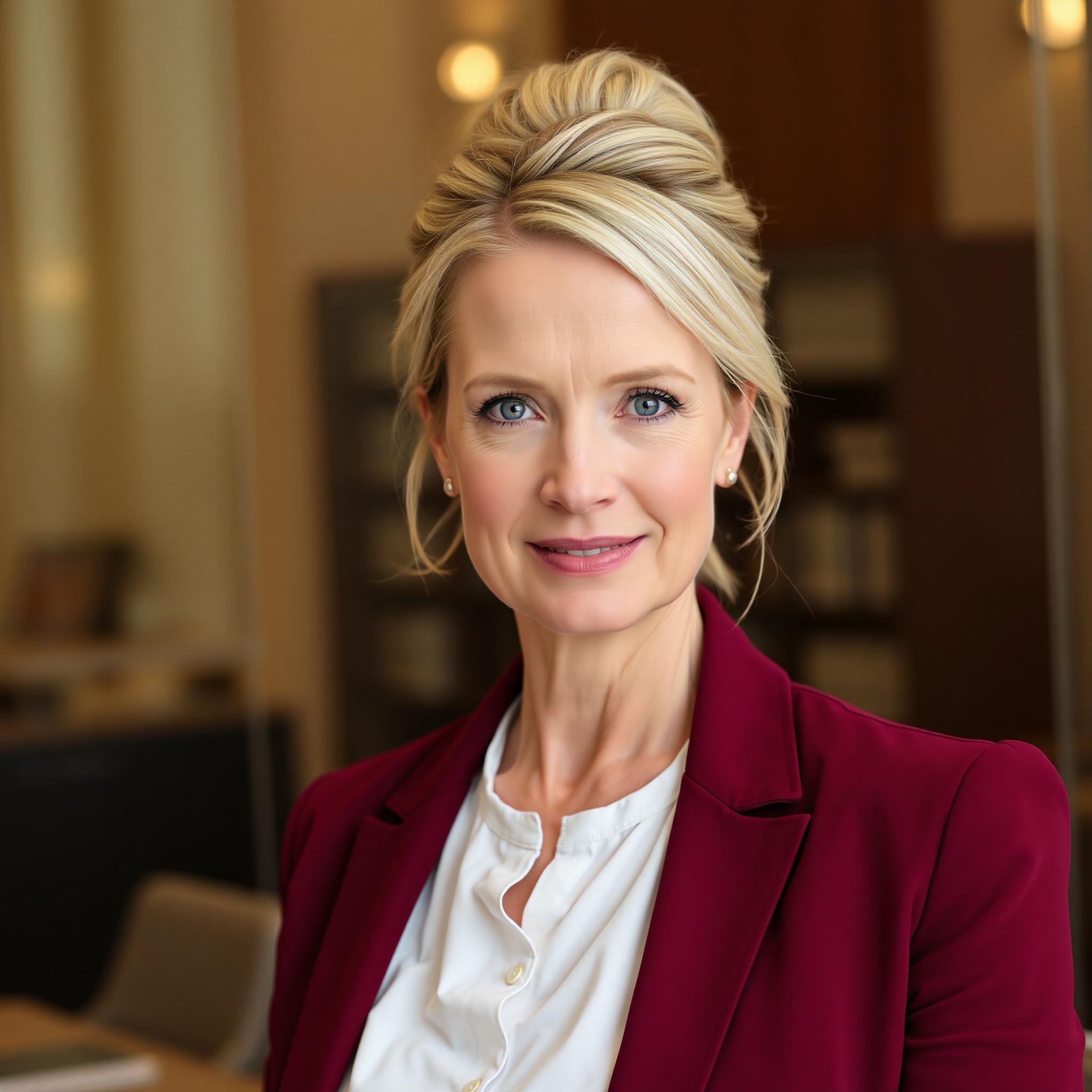 Professional portrait of Anna, 45 years old, with blonde hair in bun, elegant appearance, wearing burgundy blazer