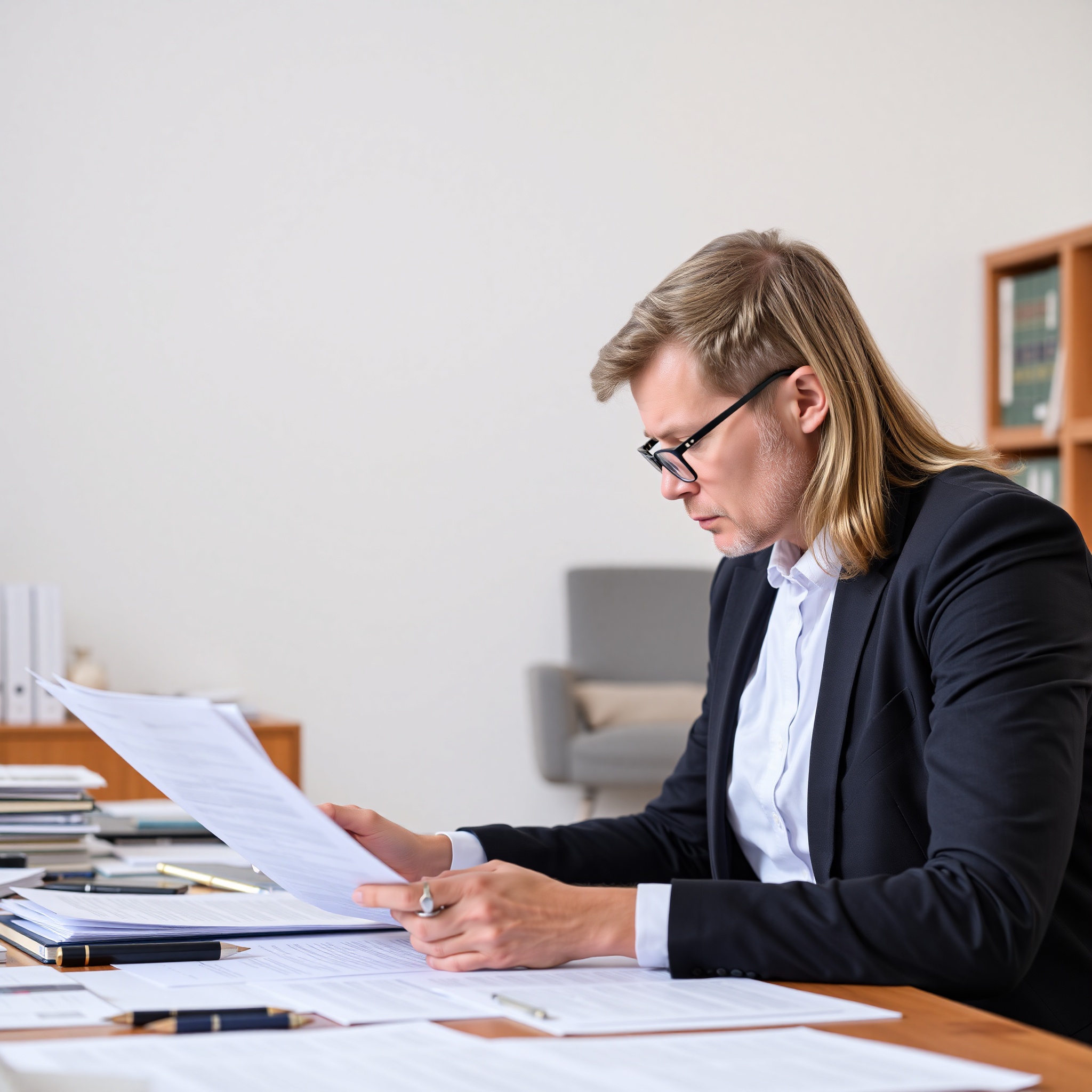 Legal professional reviewing alimony and spousal support documents with financial statements