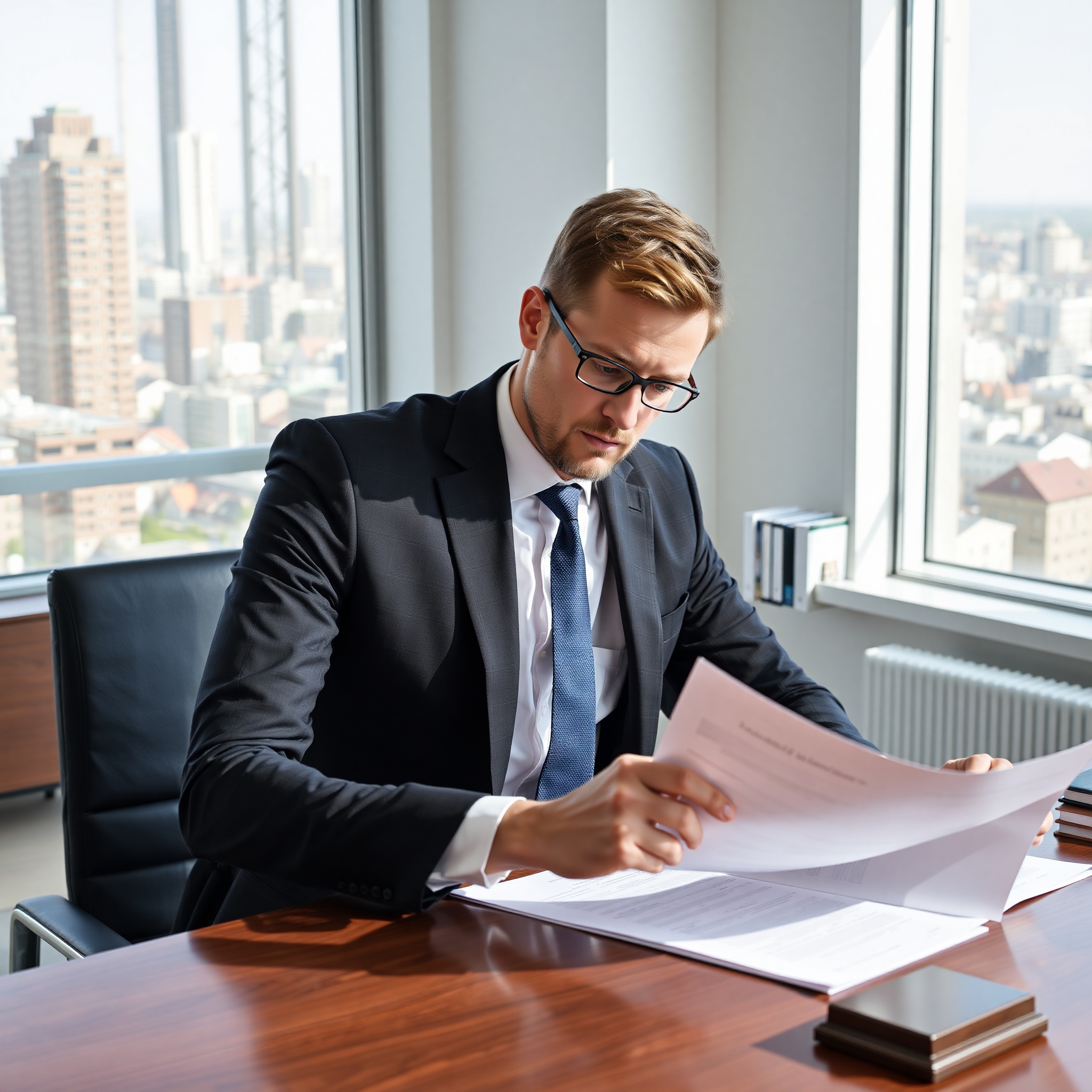 Professional family lawyer reviewing divorce documents in modern office setting