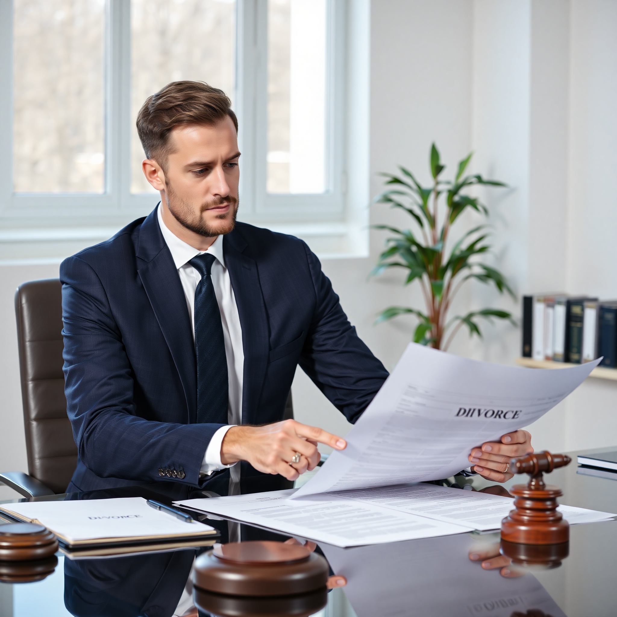 Professional family lawyer reviewing divorce documents in modern office setting