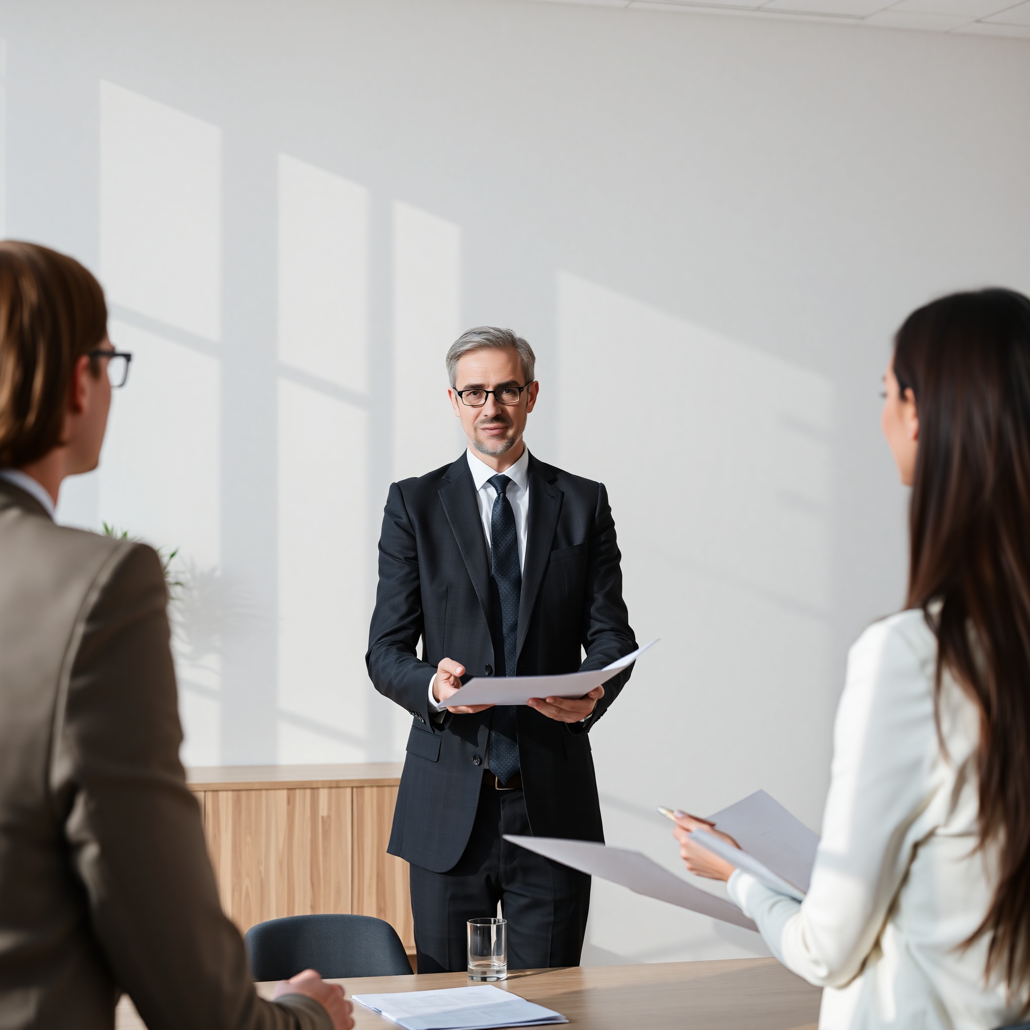 Estate planning attorney reviewing property division agreement with married couple in professional office