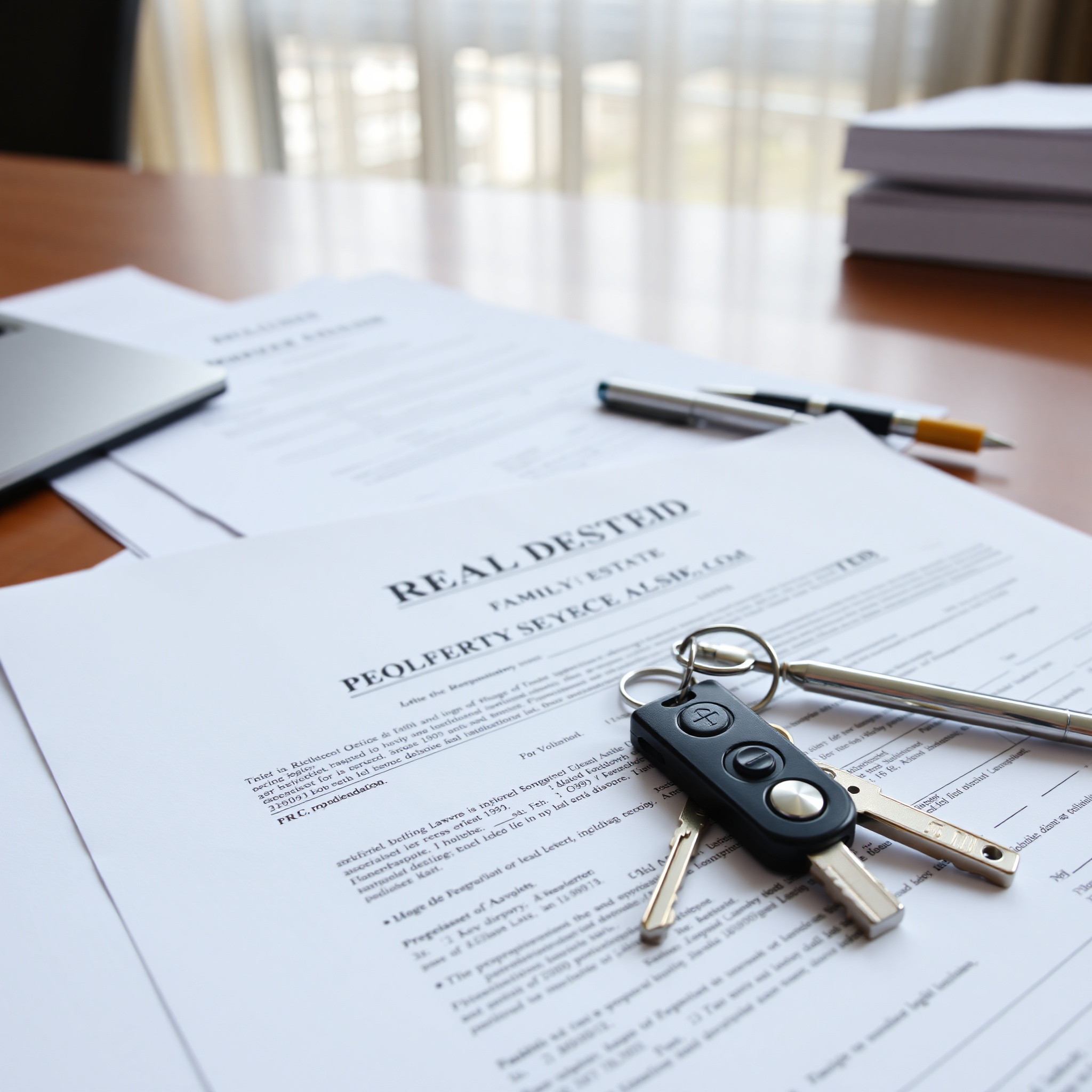 Property documents and real estate keys on professional desk