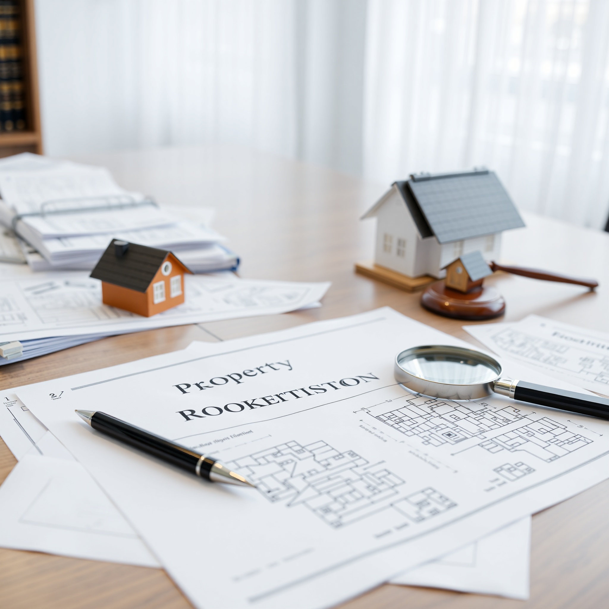 Property division assessment with real estate documents and architectural property blueprints on wooden table